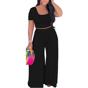 HBQ Two Piece Outfits For Women Casual Sweat Suits Backless Short Sleeve Crop Tops Wide Leg Pants Lounge Sets Tracksuit-Black-XXL