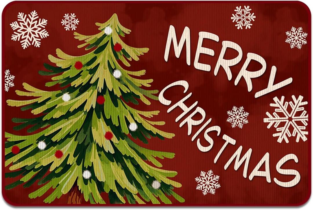 Merry Christmas Doormat, Christmas Front Door Mat Outdoor Entrance, Red Winter Washable Decorative Floor Mats, Non-Slip Floor Entryway Rug for Indoor Outdoor 15.7x23.6 Inch (Xmas Tree)