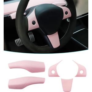 Pink Gear Shift Lever Cover and Steering Wheel Cover Compatible with Tesla Model Y/3 (Pink)
