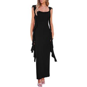 PRETTYGARDEN Women's 2025 Summer Wedding Guest Dress Sleeveless Ruffle Formal Cocktail Party Maxi Bodycon Dresses (Large, Black)