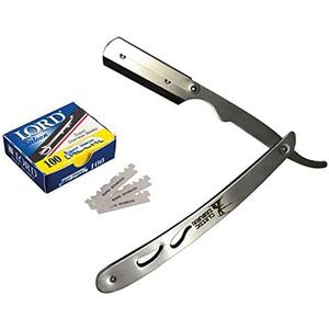 CS-102 Stainless Steel Professional Barber Straight Edge Razor with 100 Lord Single Edge Razor Blades (Silver Metal)
