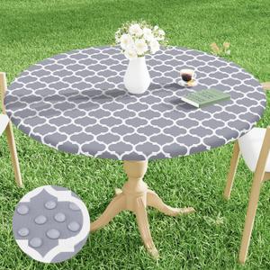 Smiry Round Picnic Tablecloth, Waterproof Elastic Fitted Table Covers for 36" - 44" Tables, Wipeable Flannel Backed Vinyl Tablecloths for Camping, Indoor, Outdoor, Grey & White