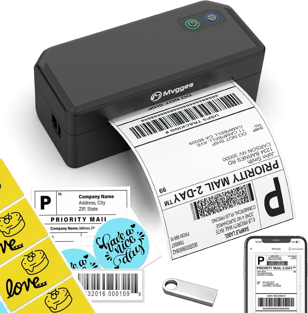 Mvgges Shipping Label Printer,Bluetooth 4x6 Thermal Label Printer for Small Business Office or Home, Compatible with Android, iOS, Windows and Mac, Widely Used for Amazon,Ebay,USPS,Etsy (Black)