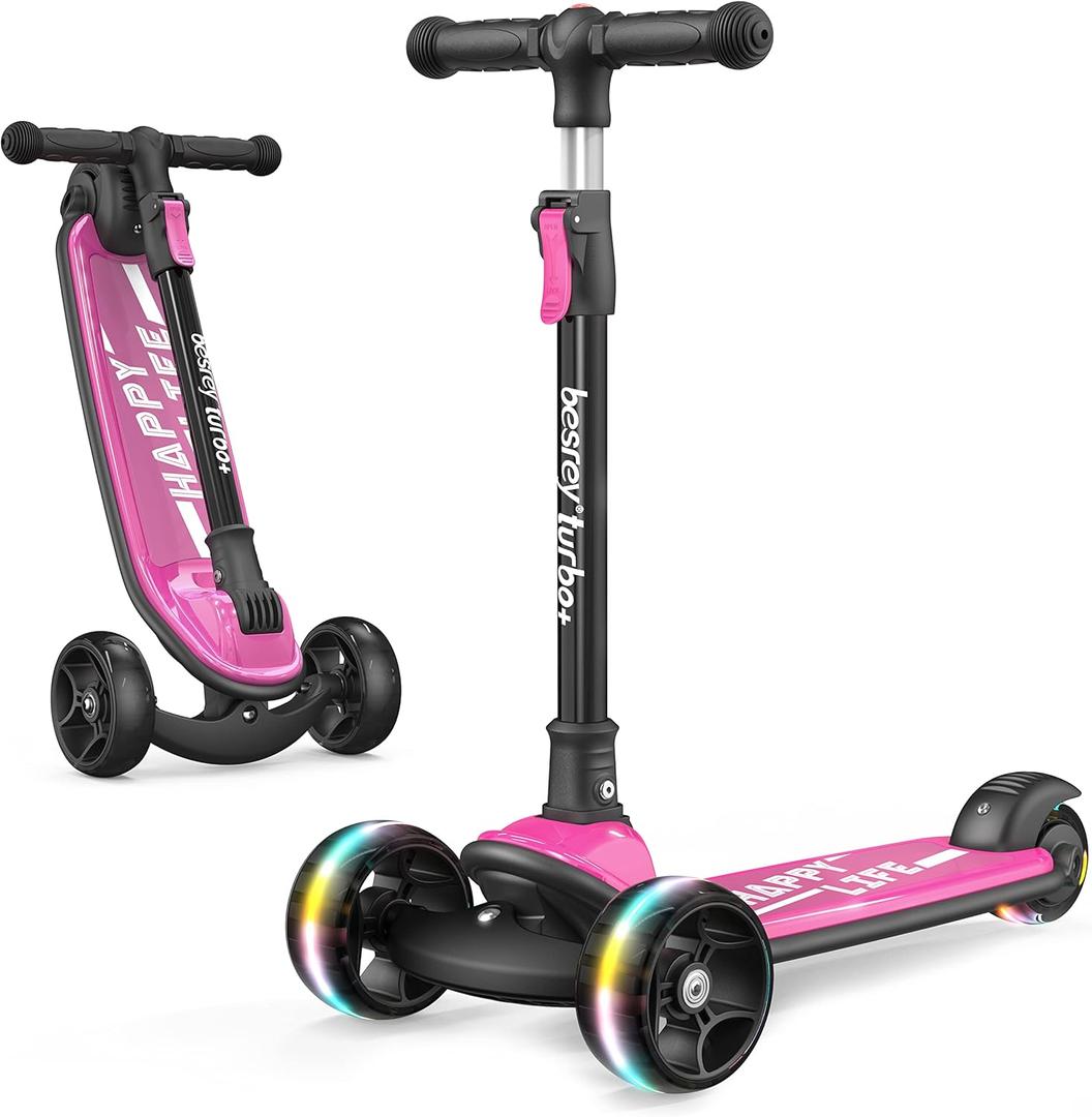 Besrey Kick Scooter for Kids Ages 3-10, 3-Wheel Folding Scooter with Adjustable Height, LED Light Wheels, Extra Wide Deck for Outdoor Activities (Pink)