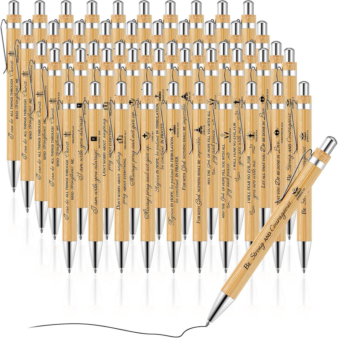 Bible-Verse Bamboo Christian Pens - Retractable Ballpoint, Inspirational Scripture for Women & Men - Thanksgiving/Christmas/White Elephant Gifts (50 Pcs)