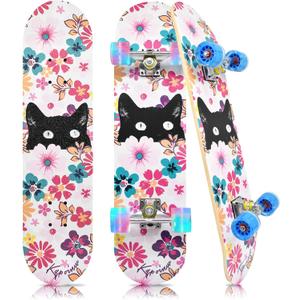 Standard Skateboards with Colorful Flashing Wheels for Beginners, Kids,Teens, 7 Layer Maple Complete Skateboard for Girls Boys, 31" x 7.8" Double Kick Concave Kids skateboard with Skate T-Tool