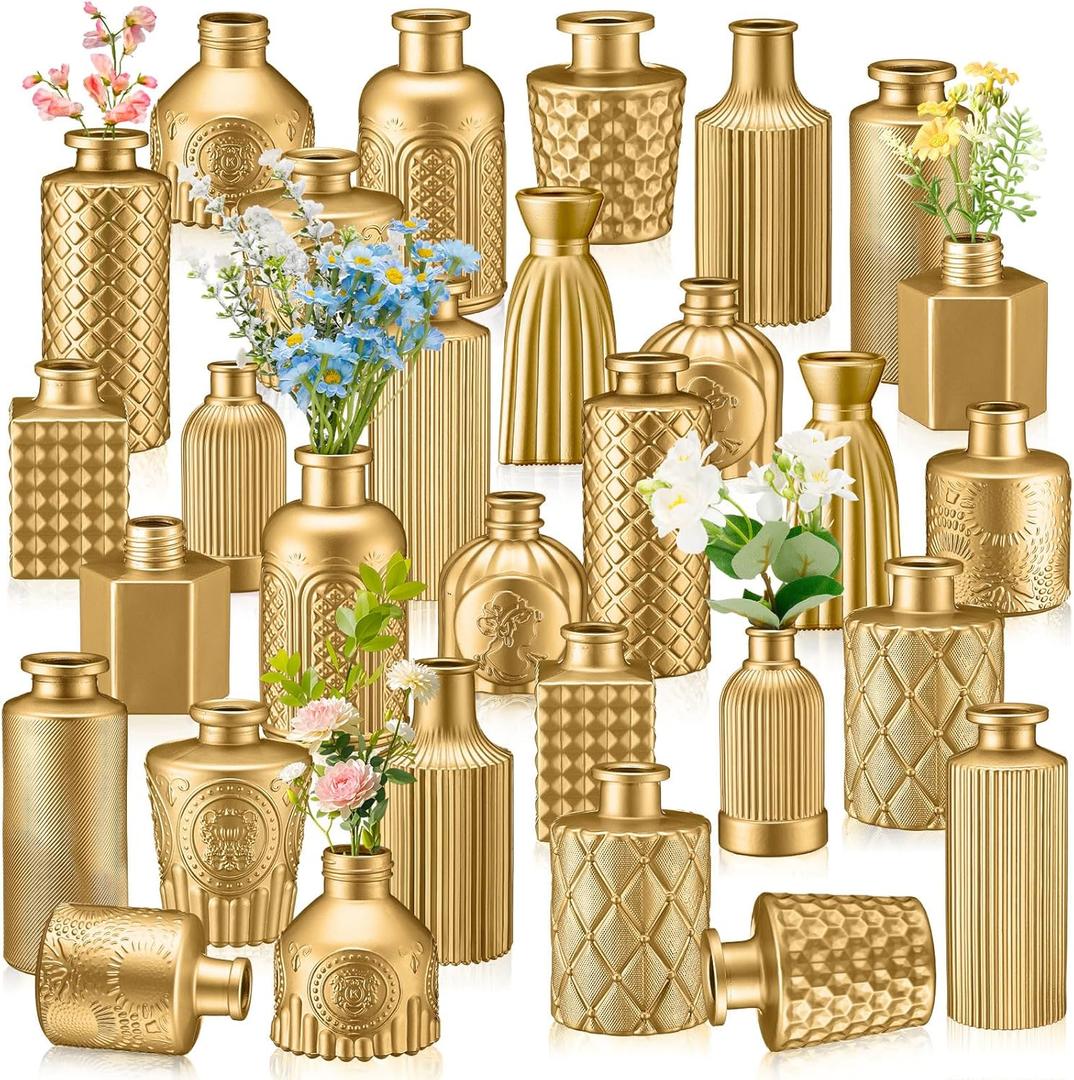 Yaomiao 30 Pcs Vases Bulk Colored Flower Glass Bud Vases Valentine Vintage Colored Glass Bottles Colorful Rustic Embossed for Home Wedding Table Decorations Gifts (Gold Series)