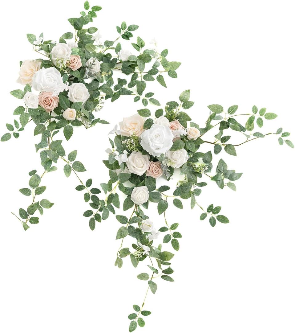 Ling's moment 2PCS Artificial Floral Swags Arch Flowers Wedding Centerpieces Flower Rose Garland Mantel Greenery Arrangements for Sweetheart Welcome Signs Decor Wall Window Home Decor White & Sage