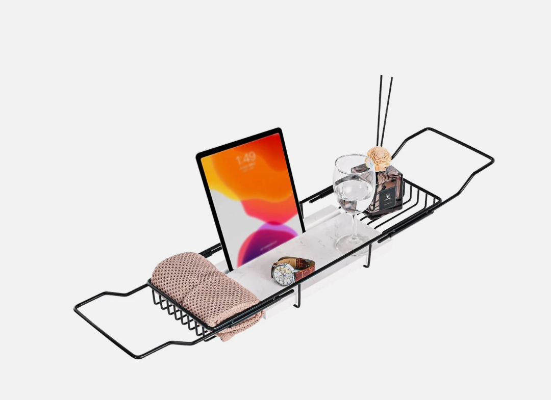 MARBBNEST Bathtub Tray Caddy for Luxury Bath Expandable Extra Wide Bath Tub Tray with Natural Marble Tray and Mobile/Tablet Stand, Ideal for Home Spa Lovers