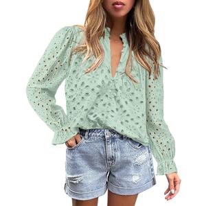 PRETTYGARDEN Women's Dressy Casual Blouse Tops Fall Spring Puff Long Sleeve Button V Neck Hollow Out Lace Embroidered Shirts (S)