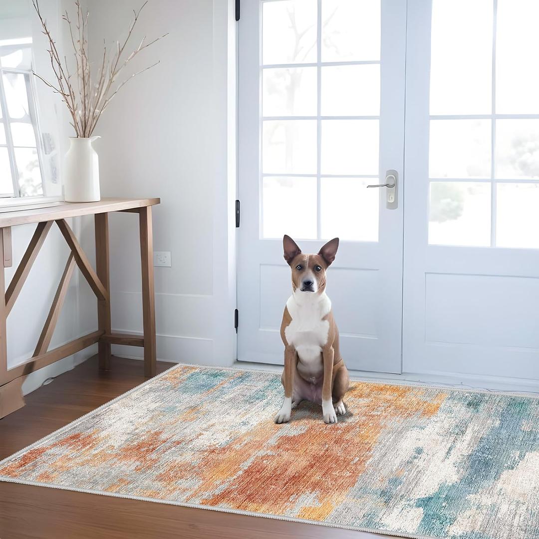 Abstract 3x5 Washable Rug: Modern Non Slip Area Rug Soft Carpet Foldable Distressed Stain Resistant Neutral Rugs for Hallway Living Room Bedroom Decor Indoor Small Farmhouse Rug 3'x5' Blue Brick