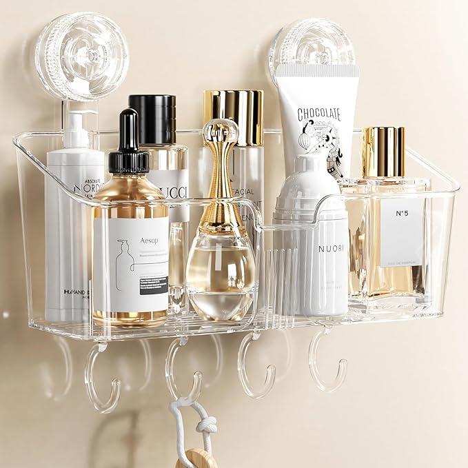 LUXEAR Clear Shower Caddy Suction Cup, No Drilling Removable Shower Shelf, Max Hold 22lbs Suction Bathroom Caddy, One Second Installation Waterproof Suction Shower Organizer for Bathroom Kitchen