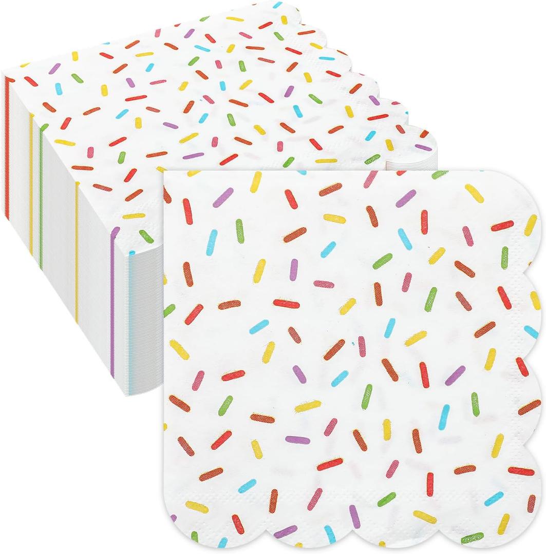 Crtiin 100 Pcs Donut Sprinkle Napkins Scalloped Donut Party Paper Cocktail Napkins Disposable 2 Ply for Baby Shower Birthday Wedding Party Cupcake Table Decor Supplies(White)