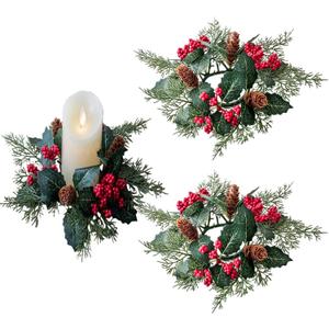 2 Pieces Christmas Candle Rings Wreaths,Artificial Flower Red Berries Candle Holders,Christmas Ornaments Xmas Garland Wedding Home Table Centerpieces Kitchen Decors