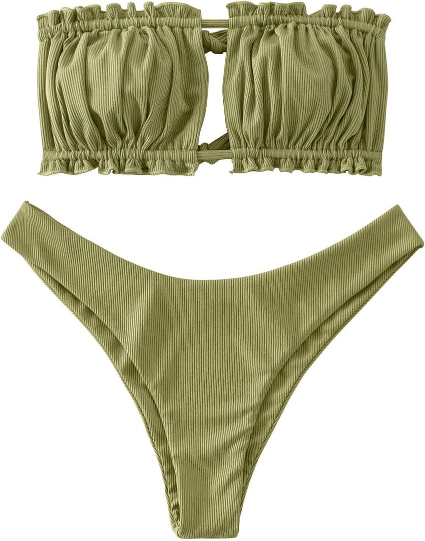 ZAFUL Women 2 Piece Strapless Bikini Swimsuits Ruffle Ribbed Self Tie Bandeau Bikini Set High Cut String Bathing Suits (Medium, 1-grass Green)