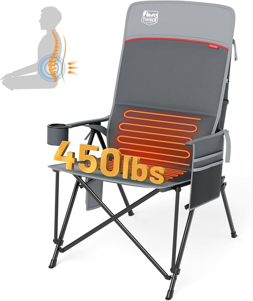 TIMBER RIDGE Oversized Camping Chair with Lumbar Support, Portable Folding Chair Heavy Duty for Adults Supports 450 LBS for Outdoor Camping, Lawn, with High Back, Cup Holder, Side Pocket - Grey