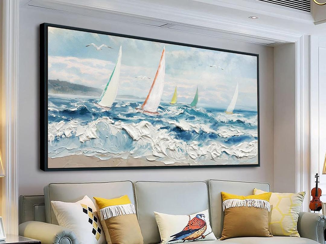 Enartly 3D Textured Waves Sailboat Framed Wall Art, Ocean Coastal Beach Canvas Painting Nautical Artwork for Living Room Bedroom Dining Room Home Office Wall Decor, 40"x20"