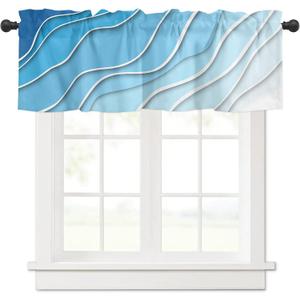 Blue Aqua Ombre Valances for Windows, Kitchen Curtains Window Treatment Decor, Modern Teal Geometric Abstract Aesthetic Cream Rod Pocket Short Window Valances for Living Room/Bedroom, 54" x 18"