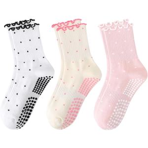 Pilates Grip Socks for Women, Ruffle Grippy Non Slip Cute Polka Dot Crew Socks for Workout Yoga Ballet Barre Dance