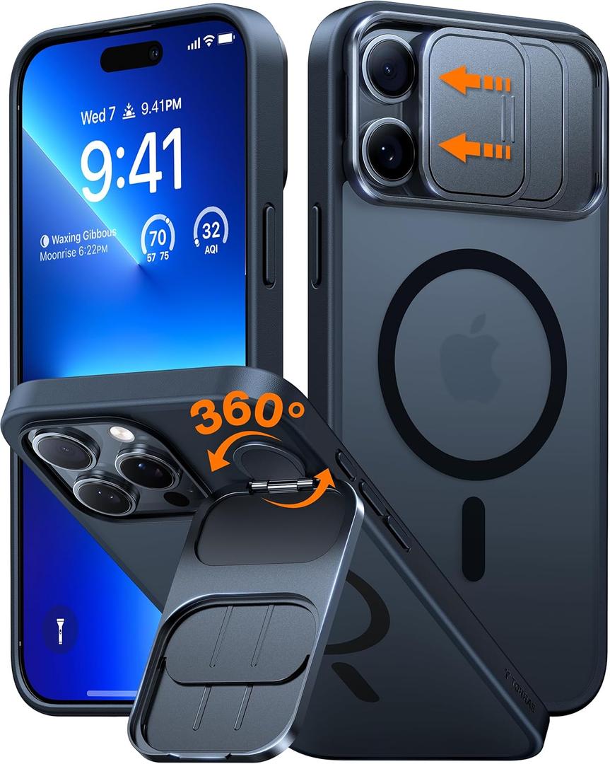 TORRAS for iPhone 15 Pro Case with Slide Camera Cover & Rotatable Kickstand, Magnetic Shockproof, Military Grade Drop Protection, Fit for MagSafe, Anti-Scratch & Anti-Fingerprint, Translucent Black