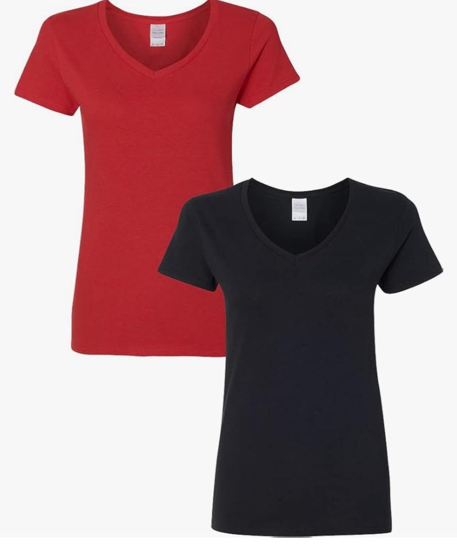Gildan Women's Heavy Cotton V-Neck T-Shirt, 2-Pack, XXL, Black+Red