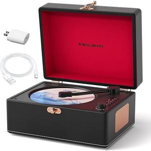 Vintage Desktop CD Player with Speakers, Rechargeable Battery, Portable Retro Suitcase CD Player for Home with Bluetooth Out & Input, USB Playback, AUX-in, Headphone Jack, Black