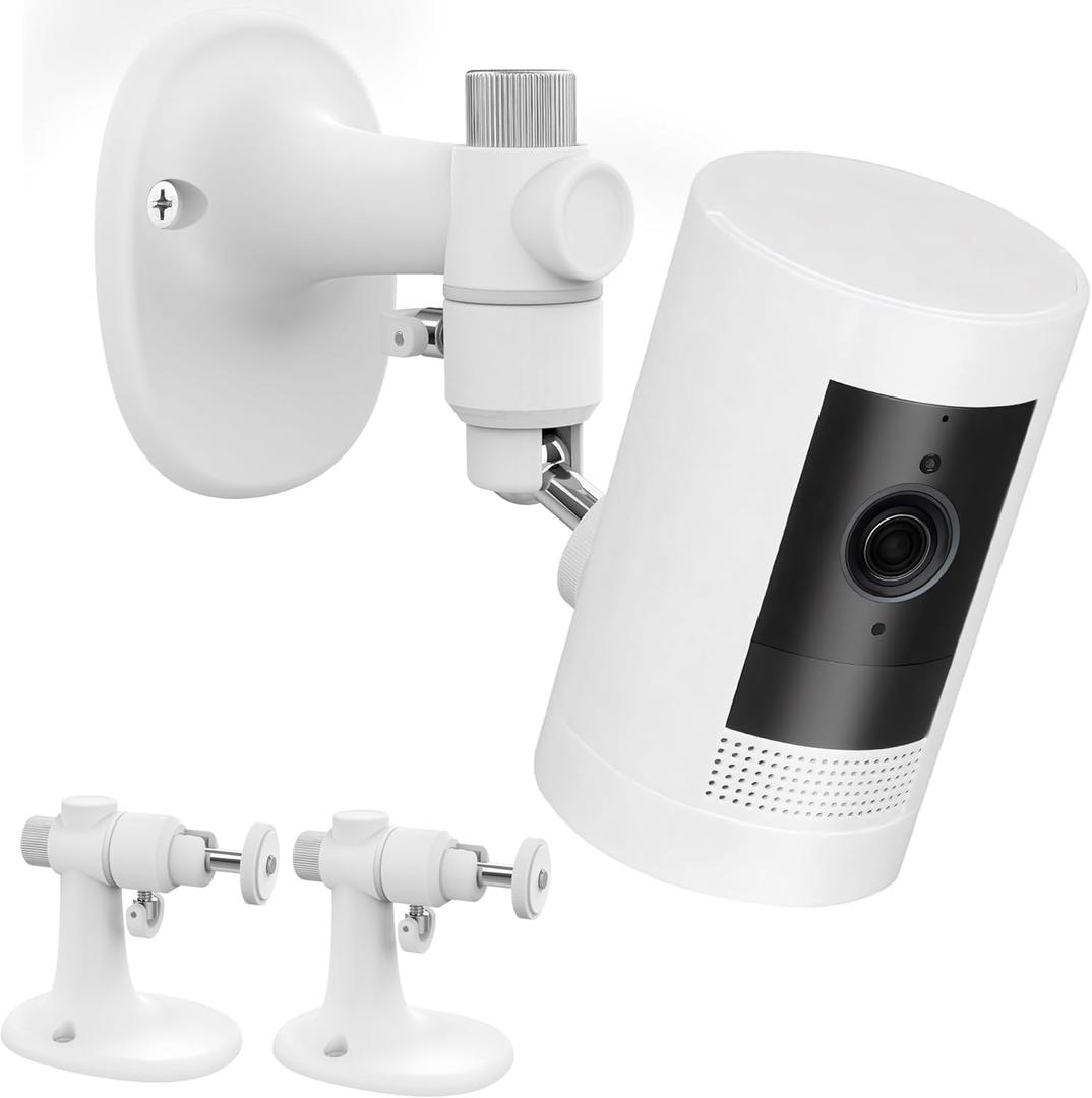 Ring Stick Up Cam Wall Mount Bracket, Adjustable Durable Mount Stand Also fit for eufy Arlo Simpllisafe Cam, Drill or No Drill Two Ways Installation Strong Adhesive Easy to Install (White)