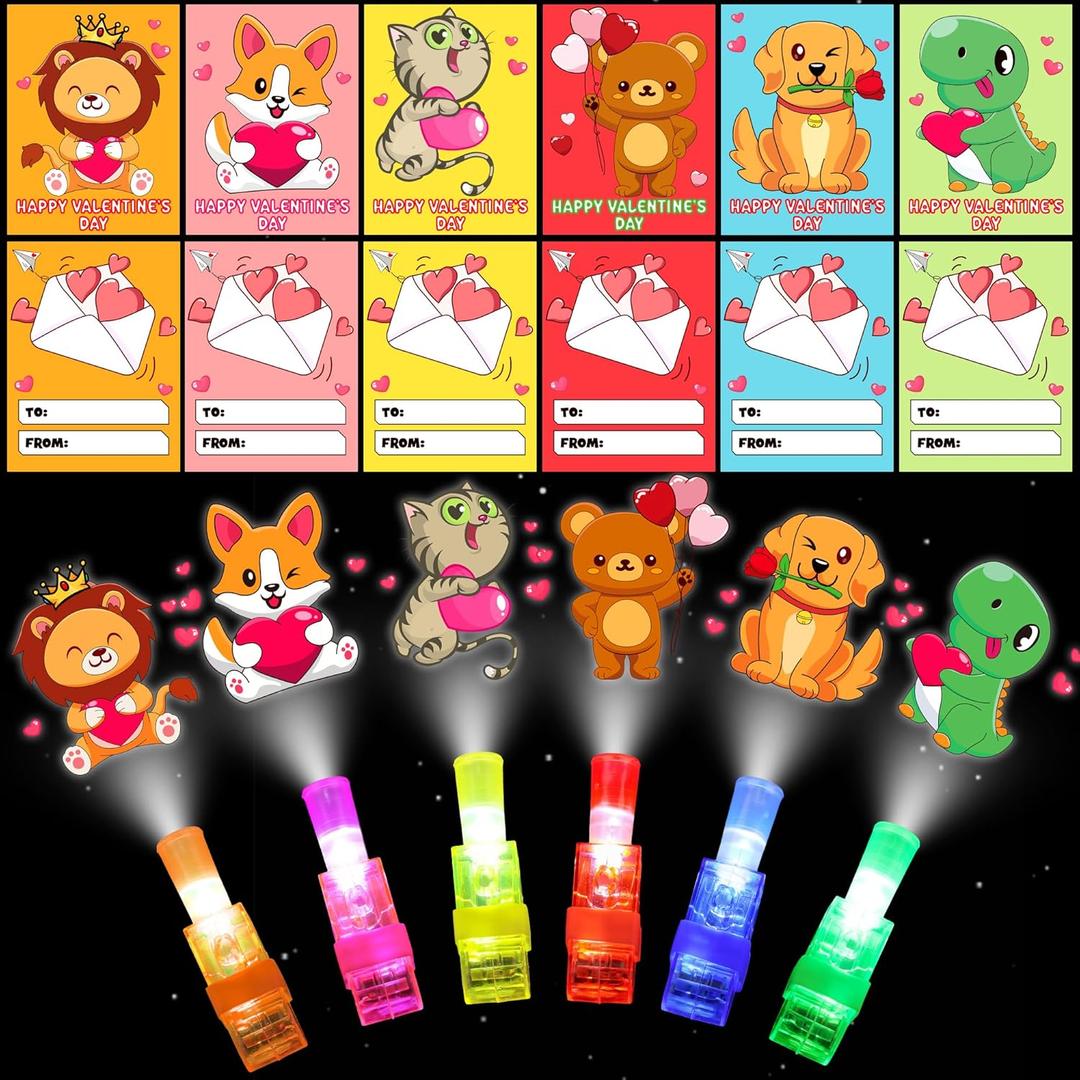 2 x 30 Pack Valentines Day Classroom Gifts for Kids - Valentines Cards with LED Finger Lights, Light Up Valentine Party Favors for School Class Exchange Valentines Gifts for Boys Girls