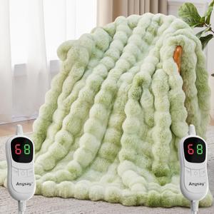 Heated Blanket Throw with 1/2/4/6/8 Hours Auto-Off 10 Heat Level, 90'' * 100'' Cozy Faux Rabbit Fur Bubble Electric Blanket with Overheat Protection(Tie-Dye Green)