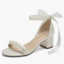 Block Heel Wedding Sandals, Pearl Embellished Ankle Strap, Low Heel Bridal Shoes for Women, Size EU 40