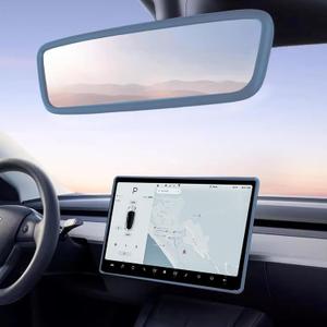 2PCS Protector Trim Frame Compatible with Tesla Model 3 Y 2020-2024 2025 2026 Screen Edge Frame Rearview Mirror Cover Interior Decorations Center Console Decor Highland Juniper Accessories Set (Blue)