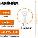 SHEEP&SHEEP White Zip Ties 12 Inch(100 Pieces), Heavy Duty Self-Locking Nylon Cable Ties, 120LBS Tensile Strength, Ideal for Indoor & Outdoor Use