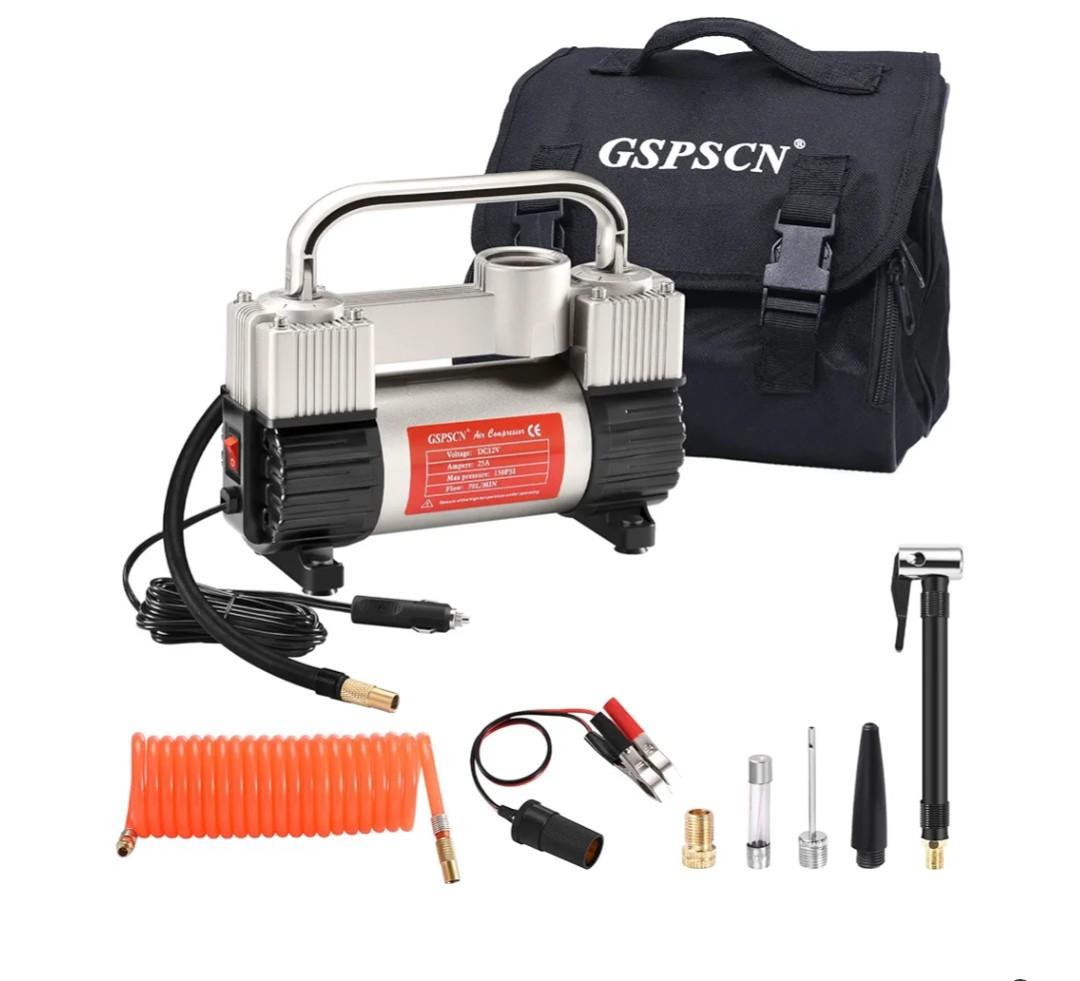 GSPSCN 6X Faster Inflation Tire Inflator Heavy Duty Double Cylinders with Portable Bag- Car Accessories，Metal 12V Air Compressor Pump 150PSI with Adapter for Car, Truck, SUV Tires, Dinghy, Air Bed