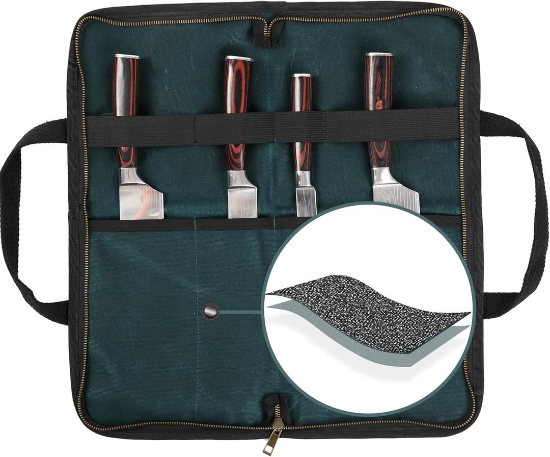 Kaaltisy Chefs Knife Bag, 16OZ Waxed Canvas Knife Holder with Professional Anti Cutting Fabric (Dark Green) - Multi Purpose Kitchen Knife Case with 4 Slots