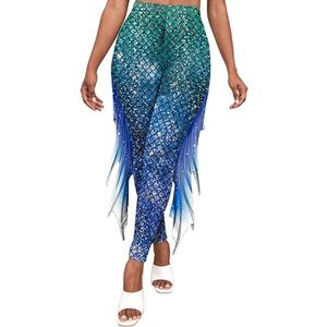 Mermaid Yoga Print Leggings for Women Plus Size Fish Scale High Waisted Pants Halloween Costume Tights (Blue, L)