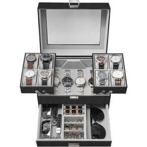 Dajasan Watch Box, Watch Case for Men, 8 Slot Watch Display Case, 3 Layers Large Sunglass Storage Organizer for Watch, Ring, Jewelry, Gift Idea, PU Leather (Black)