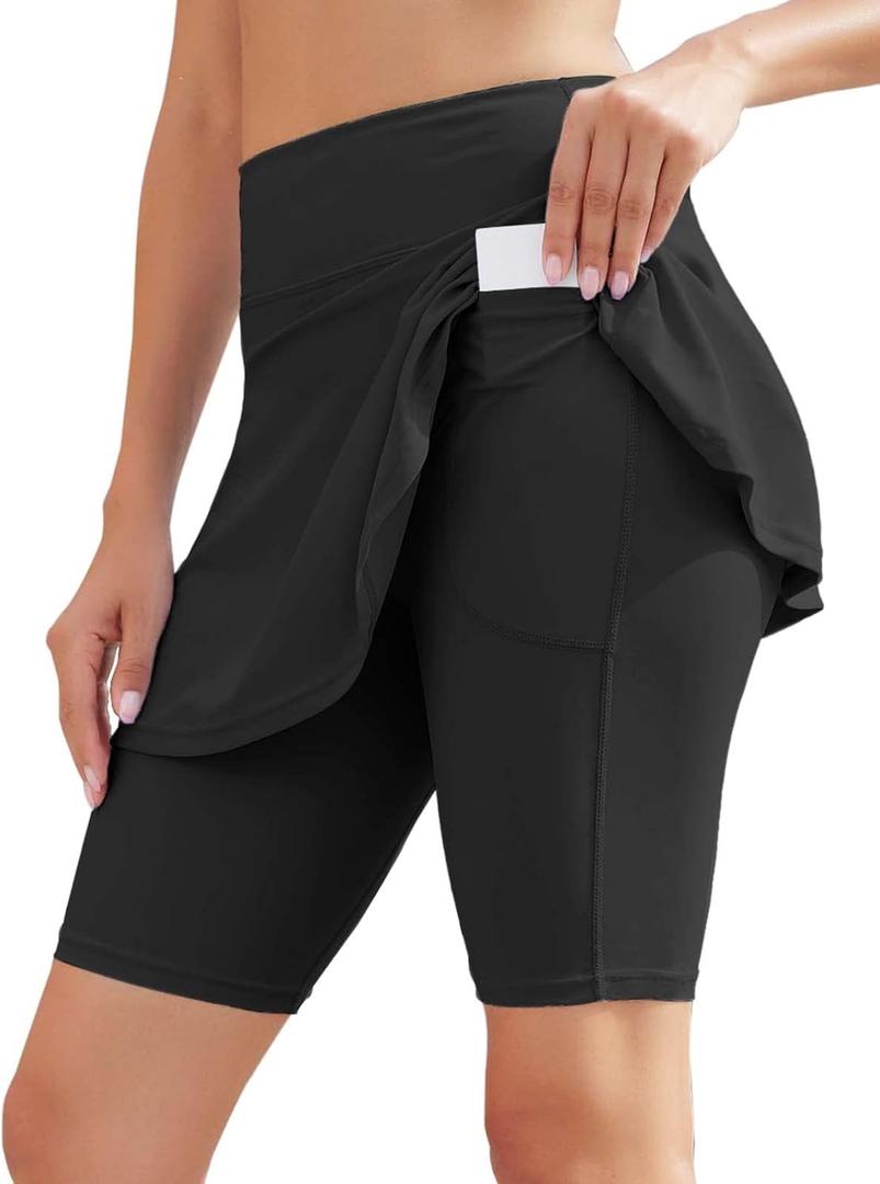 WOWENY Women's Swim Skirts Swimsuit High Waist Swimming Skorts with Shorts Bikini Bottoms with Pocket Bathing Suit Bottoms (Black, XXL)