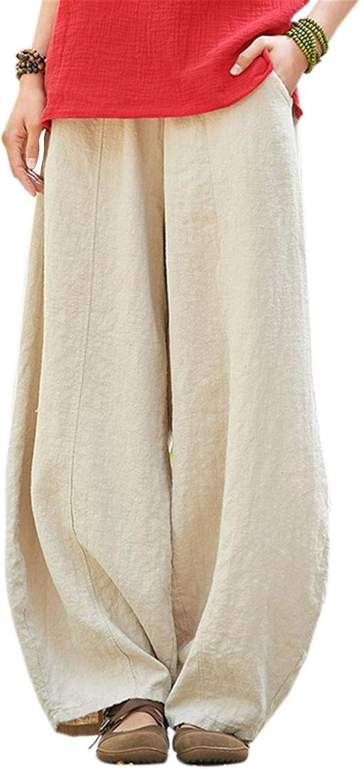 Women's Casual Cotton Linen Baggy Pants with Elastic Waist Relax Fit Lantern Trouser, Medium