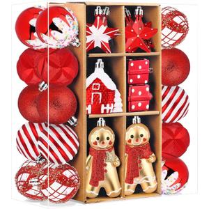 SHareconn 65pcs Christmas Tree Ornaments Set, Shatterproof Christmas Gingerbread Man Balls Bulk Gift Boxes, Hanging Plastic Decorative Baubles for Xmas Trees Decorations, Holiday Party, Red White