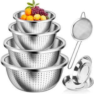 4+3 Stainless Steel Colander Set, 4 Sizes (1.8 qt, 2.3 qt, 3 qt, 4 qt) with 1 Mesh Strainer + 2 10-inch Stainless Steel Round Plates, for Washing Rice, Fruits, Vegetables, Draining Pasta, Meat (7PCS)