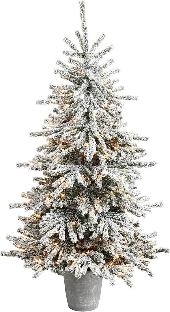 Nearly Natural 6ft. Flocked Long Vermont Pine Artificial Christmas Tree with 758 Bendable Branches and 250 LED Lights in Decorative Planter