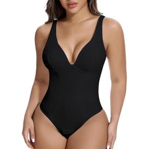 SHAPERIN Women's Deep V Neck Shapewear Bodysuit Double Lined Plunge Low Back Tummy Control Thong Backless Body Shaper (Black), XXL