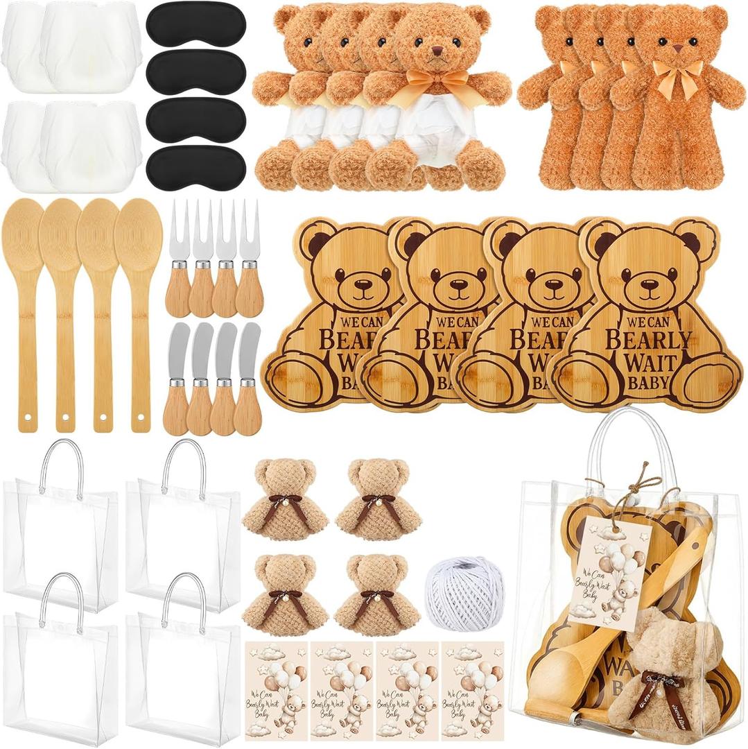 4sets/40pack Baby Shower Game & Prizes - 4 Set Blindfolded Diaper Changing Baby Shower Games and 4 Set Game Prizes for Winners Include Cutting Board Plush Bear Diaper Blindfold Knives Fork Spoon Towel