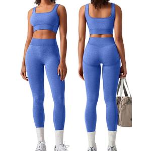OLCHEE Womens Workout Sets 2 Piece Seamless Square Neck Sports Bra Padded Butt Lifting Leggings High Waist Yoga Gym Outfits (Blue, M)