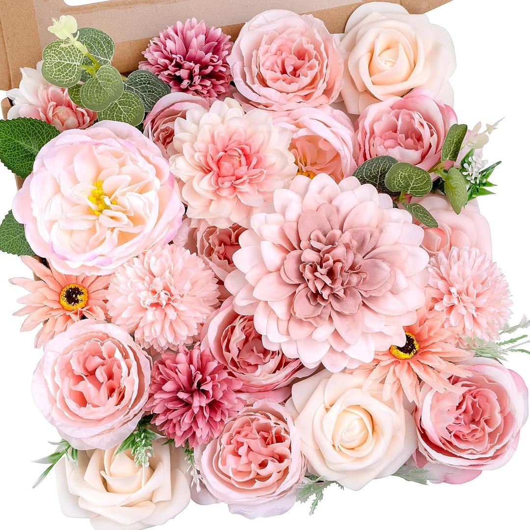 Pink Flowers Artificial Roses Combo Set Fake Pink Silk Flowers Faux Peony Flowers Mix Chrysanthemum Dahlia with Stems for Wedding Bouquets Baby Bridal Shower Party Floral Arrangements Decor