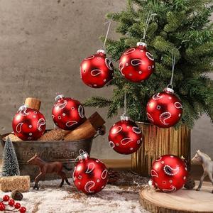 Soulchen 7 Pcs Glass Western Christmas Ornaments 3.15 Paisley Bandana Print Ball Ornaments Western Cowboy Party Decorations Rustic Holiday Baubles for Home Christmas Tree Gift (Red)