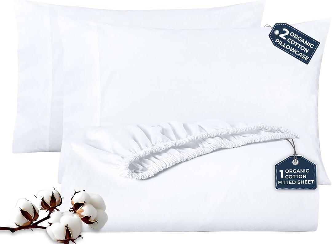 ROYALE LINENS Fitted Sheet with Pillowcases - Full Fitted Sheets with 2 Pillowcases - 300 Thread Count 100% Organic Cotton - Fits Mattress Up to 18" Deep - Soft & Breathable - White (No Flat Sheet)