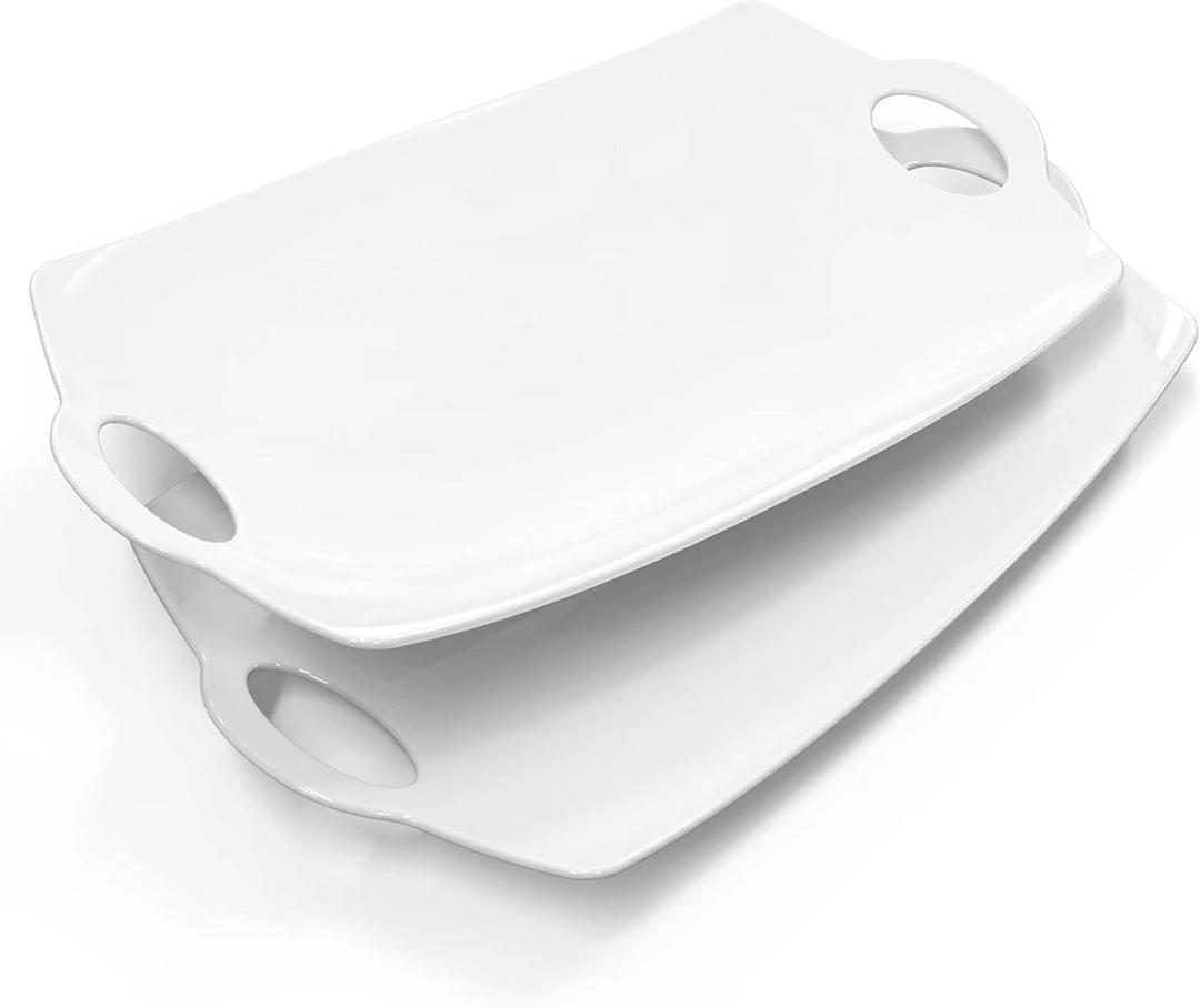 LAUCHUH Serving Platter for Party, 16 inches Large Serving Tray with Handles Porcelain Serving Platters for Meat Serving Dish for Entertaining White Serving Plates for BBQ, Plates Set of 2