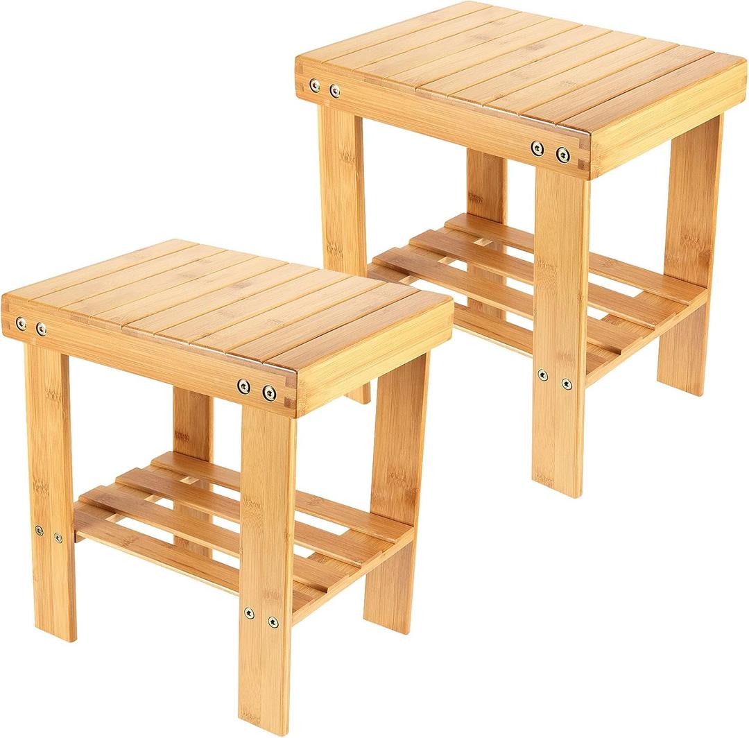 PINGEUI 2 Packs 13 Inches Bamboo Step Stool, NonSlip Small Seat, Durable Footrest Bench With Storage Shelf for Bathroom, Bedroom, Kitchen