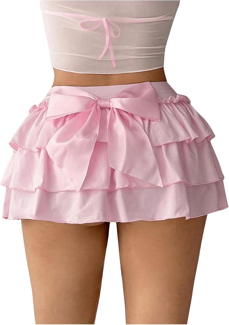 Milumia Women's Y2K Bow Kont Elastic Waist Layered Ruffle Hem Mini Skirts Pink X-Small